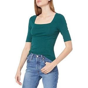 Amazon Essentials Dames T-shirt met halve mouwen en vierkante hals, slim fit, donkergroen, XS