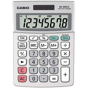 CASIO MS-88ECO bureaurekenmachine, 8-cijferig, milieuvriendelijk, valutaomzetting, aluminium voorkant, zonne-werking/batterij