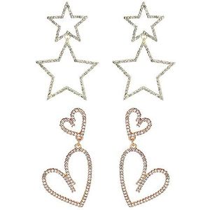 2 paar oorbellen met glinsterende sterren, hartvormige oorbellen, sieraden voor vrouwen, meisjes, bruiloft, verjaardagsfeest, Valentijnsdag, Niet-kostbaar metaal, Sterren robijn