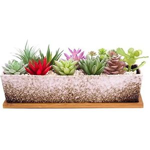 Vetplantenpotten, rechthoekig, 30 cm lang, met bamboe-drainage-dienblad, grote keramische cactussen voor binnen- en buitenplanten, platte bonsai, woondecoratie, wit