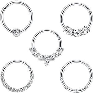 CASSIECA 5 stuks 16G neuspiercing ringen voor vrouwen mannen daith piercing tragus chirurgisch staal nep neuspiercing ring neus septum piercing kraakbeen oorbel piercing sieraden roestvrij staal,