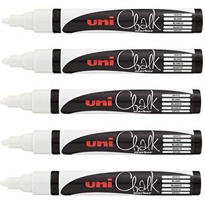 Uni Ball - Uni Mitsubishi Pencil – krijtmarker Chalk Marker PWE-5M – veelzijdig inzetbaar – regenbestendig – ideaal voor spiegelglas, leisteen, conische punt, medium, 5 stuks, wit