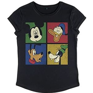Disney Mickey Classic-Block Party Dames Organic Rolld Sleeve T-Shirt Dames, zwart.