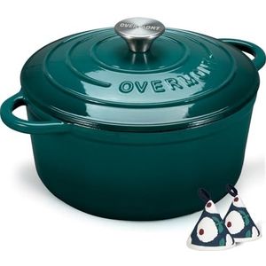 Overmont Cocotte van geëmailleerd gietijzer, braadpan van 7 liter met deksel en katoenen pannenlappen, robuust kookgerei voor stoven, stoofschotels, braden, brood bakken, groen