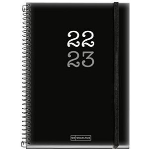 MIQUELRIUS - Kalender september 2022 juni 2023 – dagpagina – afmetingen plus 15 x 21,3 cm – tweetalig: Spaans, Engels – College – zwart