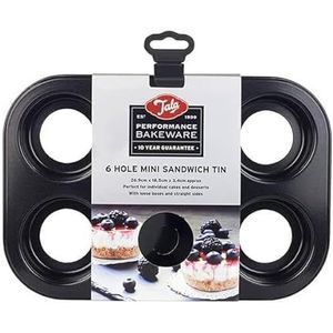 Tala Mini Sandwichvorm Performance, 6 holtes met afneembare basis, van professioneel koolstofstaal met Eclipse antiaanbaklaag; ideaal voor individuele taarten en cheesecakes