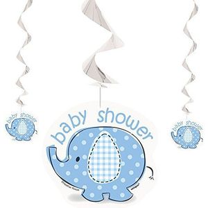 Unique Party - 41712 – Set met 3 decoraties om op te hangen – babyparty, olifant, blauw, 66 cm