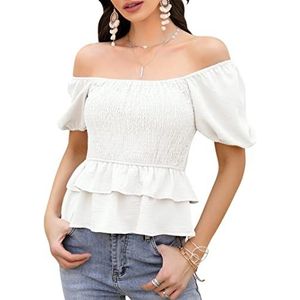 KOJOOIN T-shirt d'été pour femme - Manches courtes - Tunique à volants - Élégant - Col carré - Épaules dénudées - Décontracté - Emballage réutilisable, Blanc., M