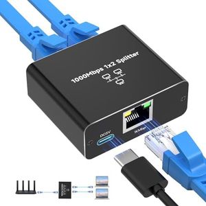 NEUTYPECHIC Switch RJ45 Ethernet stekkerdoos 2 poorten, 1000 Mbps LAN-splitter 1-2, Gigabit RJ45 aluminium ethernetswitch met type C-kabel voor computers, switches, televisies, router