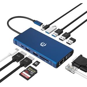 OOTDAY USB C Hub 12-in-1 USB C 3.0, 4 USB A-poorten, USB C Multiport voor Dell/HP/Lenovo/Mac Book Pro, USB C LAN-hub met 2 HDMI 4K poorten, Ethernet, 100W PD