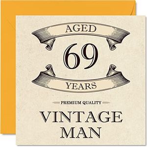 Vintage verjaardagskaart voor mannen - 69e verjaardag - grappige verjaardagskaart voor opa, papa, echtgenoot, vriend, oom, broer, opa, 145 mm x 145 mm, wenskaart voor 69e verjaardag