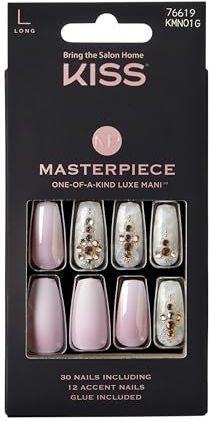 KISS Masterpiece Unieke luxe manicure, Kitty Gurl, lange kunstnagels in doodskistvorm, met nagellijm, vijl en 30 nagels met 12 geaccentueerde nagels