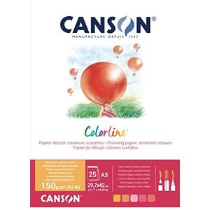 CANSON Colorline, tekenpapier, kleur, dubbelzijdig: glad, generfd, 150 g/m², 92 lb, kleefblok, kleine kant, A3-29,7 x 42 cm, 5 verschillende kleuren, 25 vellen