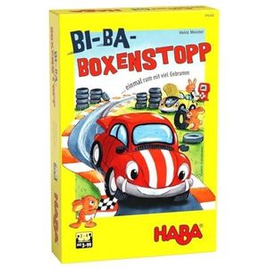 HABA 305260 - Boxstop Bi-Ba, dobbelspel met eenvoudige regels voor kinderen vanaf 3 jaar; gezelschapsspel met speelplaten en houten auto's als figuren