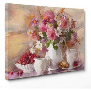 ConKrea Afbeelding op canvas, ingelijst, klaar om op te hangen, stilleven, vaas met roze en witte bloemen, 50 x 70 cm, zonder lijst, (cod.1704)