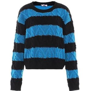 myMo Women's Femmes Couleur Bloc Rayé Tricot Col Rond Polyester Noir Turquoise Taille M/L Pull Sweater, Medium, Noir/turquoise, M