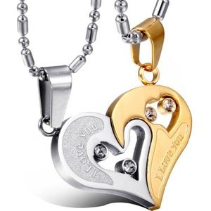 JewelryWe Vriendschapsketting van roestvrij staal, set van 2, met puzzelhanger, hartvormige hanger, met opschrift ""Love You"", gegraveerd, Roestvrij staal, Geen edelsteen