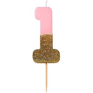 Roze verjaardagskaars in de vorm van een cijfer 1 met gouden glitter, hoogwaardige taartdecoratie, mooi en fonkelend voor kinderen, volwassenen, tieners, 1e verjaardag, 18e