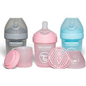 Twistshake 3 x Pro Double anti-koliek flessen met melkpoeder houder en mixer 180 ml | siliconen fopspeen met langzame doorstroming | BPA-vrij | geschikt voor pasgeborenen (0+) | roze/grijs/blauw