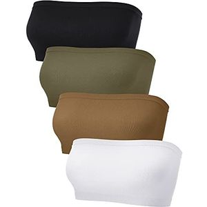 Set van 4 strapless bandeau-beha's voor dames, naadloze bandeau-beha, niet gevoerd, rekbaar, Chocolade, lichtgroen, wit, zwart