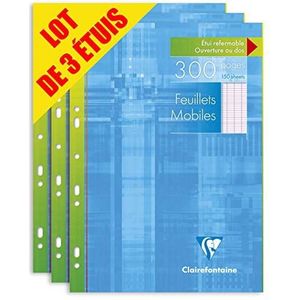 Clairefontaine 175511AMZC 3 hoezen voor geperforeerde losse vellen, A4, 21 x 29,7 cm, 300 pagina's, grote ruitjes, wit papier, 90 g, herbruikbare etui