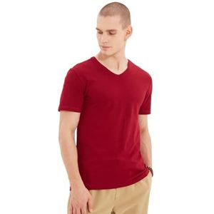TRENDYOL Basics T-shirt en tricot à col en V pour homme Coupe ajustée, bordeaux, XL