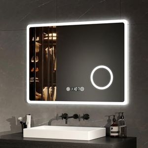 EMKE Led-badkamerspiegel, 80 x 60 cm, badkamerspiegel met verlichting, lichtspiegel, wandspiegel met touch-schakelaar, sluitvrij, klok, 3-voudige vergroting