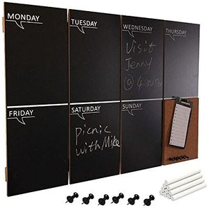 BAKAJI Magneetbord zwart wekelijks met kurk-memobord, 60 x 40 cm, houten lijst met krijt en 6 punten, modern design, schoolbord voor thuis, keuken, kantoor