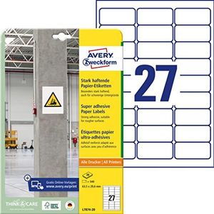 AVERY Zweckform L7874-20 Stark zelfklevende etiketten (540 stickers, 63,5 x 29,6 mm op A4, extreem zelfklevend, ook voor moeilijke oppervlakken, Power zelfklevende etiketten) 20 vellen, wit