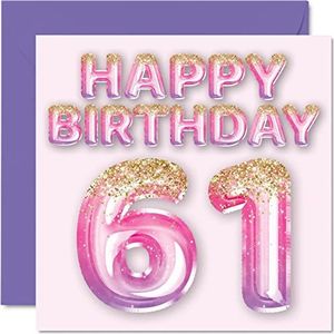 Verjaardagskaart 61 jaar dames - roze en paarse glitter ballonnen - verjaardagskaarten voor 61 jaar, moeder, oma, oma, tante, 145 mm x 145 mm, 61 jaar, 61 jaar,