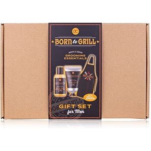 Accentra Born to Grill cadeauset voor mannen, douchegel, aftershave balsem en grillschort in herbruikbare geschenkdoos van kraftpapier