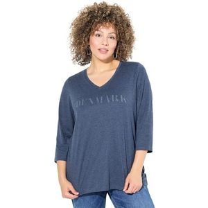 Ulla Popken Shirt, opschrift, klassiek, V-hals, 3/4-arm T-shirt voor dames, Inktkleur: Blauw