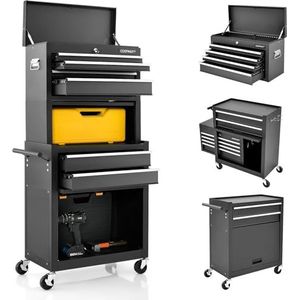 FANTASK Werkplaatswagen, 2-in-1, 61,5 x 33 x 132 cm, afsluitbaar met koffer en 9 vakken en haken, professionele werkplaatswagen van metaal op wielen zonder gereedschap, zwart en rood