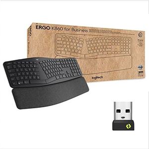 Logitech ERGO K860 for Business, tweedelig draadloos toetsenbord, ergonomisch design, veilige Logi Bolt-technologie, Bluetooth, Windows/Mac/Chrome/Linux, Frans AZERTY-toetsenbord, grijs