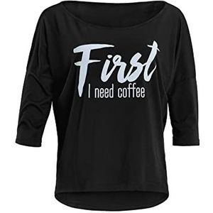 WINSHAPE Mcs001 Ultra licht modal-3/4-arm shirt met witte ""First I Need Coffee"" glitterprint dames yoga-shirt, zwart-wit-glitter