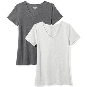 Amazon Essentials Dames-T-shirt met V-hals en korte mouwen, klassieke pasvorm, antraciet gemêleerd/lichtgrijs gemêleerd, maat XS