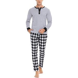 Doaraha Pyjama voor heren, katoen, geruit, nachtkleding, lange mouwen, zacht en comfortabel, korte mouwen, T-shirt en broek, 2-delig, B3-grijs