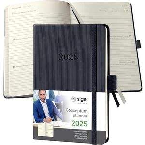 SIGEL Conceptum C2513 Agenda semainier 2025, format A6, noir, couverture rigide, 176 pages, élastique, passant pour stylo, pochette d'archives, certifié PEFC, Conceptum