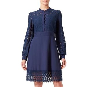 Cream Women's Dress Above Knee Length Long Sleeves Lace Buttons Round Neck Femme, Dress Blues, 34