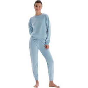 Dagi Ensemble pyjama à manches longues en velours français brodé avec t-shirt et pantalon pour femme, bleu clair, M