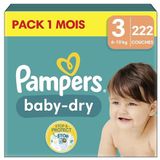 Pampers Baby-Dry luiers maat 3 (6-10 kg), 222 luiers, 1 maand, tot 12 uur, droog met de zak Stop & Protect, nu met meer luiers