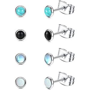 JeweBella 4 paar roestvrijstalen oorstekers voor dames en heren, hypoallergeen, met witte en blauwe opaal, maansteen oorbellen, zwarte onyx, 4 stuks, rvs