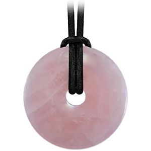 Kaltner Präsente Cadeau-idee - leren ketting voor dames en heren met donut hanger van roze edelsteen (diameter 40 mm), leer, rozenkwarts, Kwarts