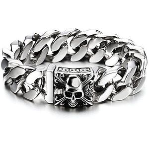 Coolsteelandbeyond Grote Roestvrij Stalen Pantserketting, Armband voor Heren met Fleur De Lis en Schedel, Biker Gothic, Gepolijst