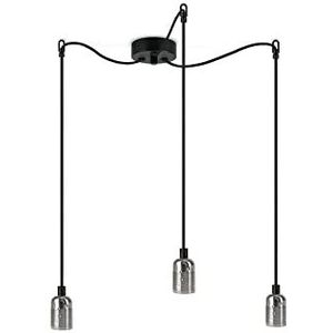 Sotto Luce Bi Minimalistische hanglamp, 3 lichtpunten, fittingen van vernikkeld metaal, textielkabel, zwart, 1,5 m, plafondrozet zwart, 3 x E27