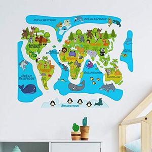 Zelfklevende stickers voor kinderen, wereldkaart, wanddecoratie voor kinderkamer, 60 x 70 cm