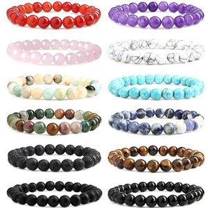 YAODCA 12 stuks 8 mm kralenarmbanden voor dames en heren, natuursteen, yoga, tijgeroog, armbanden, kristal, verstelbaar, rekbaar, mannen, armbanden, kralen, set