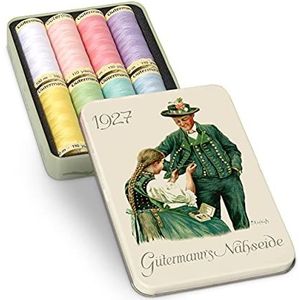 Gutermann Creativ Naaigaren, cadeauset van nostalgisch tin, 100 m, 8 spoelen, 100% polyester, hand- en machinaal naaien, pastelkleuren