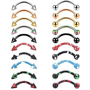 Finrezio 20 stuks, 16 g, wenkbrauwpiercing, tong, ringen, barbell, gebogen, chirurgisch staal, boogpiercing, kraakbeen, helix, piercing, lichaamssieraden, meerkleurig, voor vrouwen en mannen,
