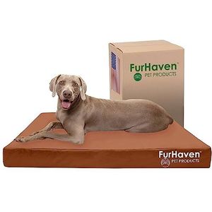 Furhaven XXL hondenbed van verkoelend gelschuim, waterbestendig, voor binnen en buiten, met Oxford-logo, afneembare en wasbare hoes, bruin, Jumbo Plus (maat XXL)